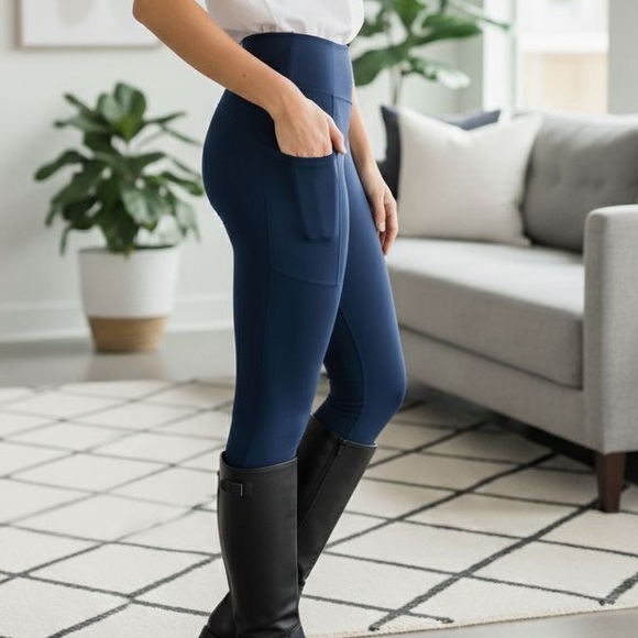 OS NEW Womens Navy Blue Pocket Leggings Buttery Soft Yoga Pants - Picture 1 of 16